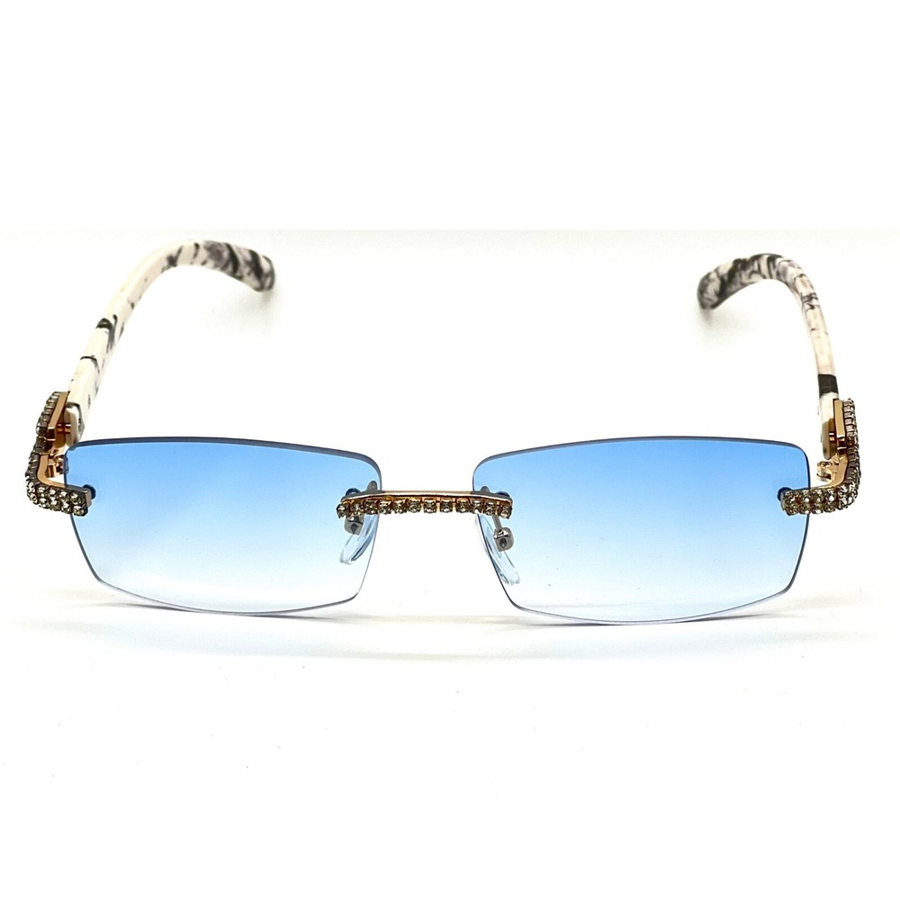 Sunglasses Blue Lens Men Gangster Rhinestone Stud Rimless Rectangle 90s Rapper - Picture 5 of 9